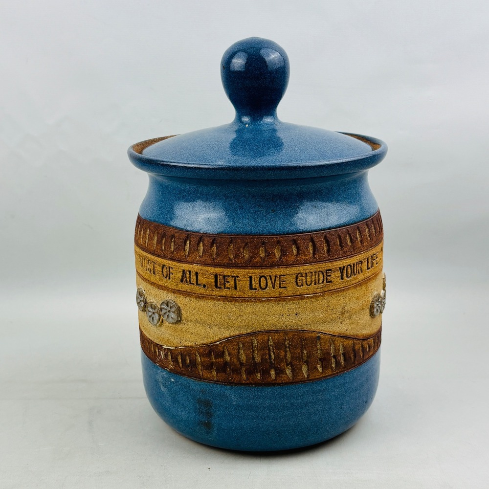 Down To Earth Pottery Blue Stoneware Canister Let Love‎ Guide Your Life Col 3:14